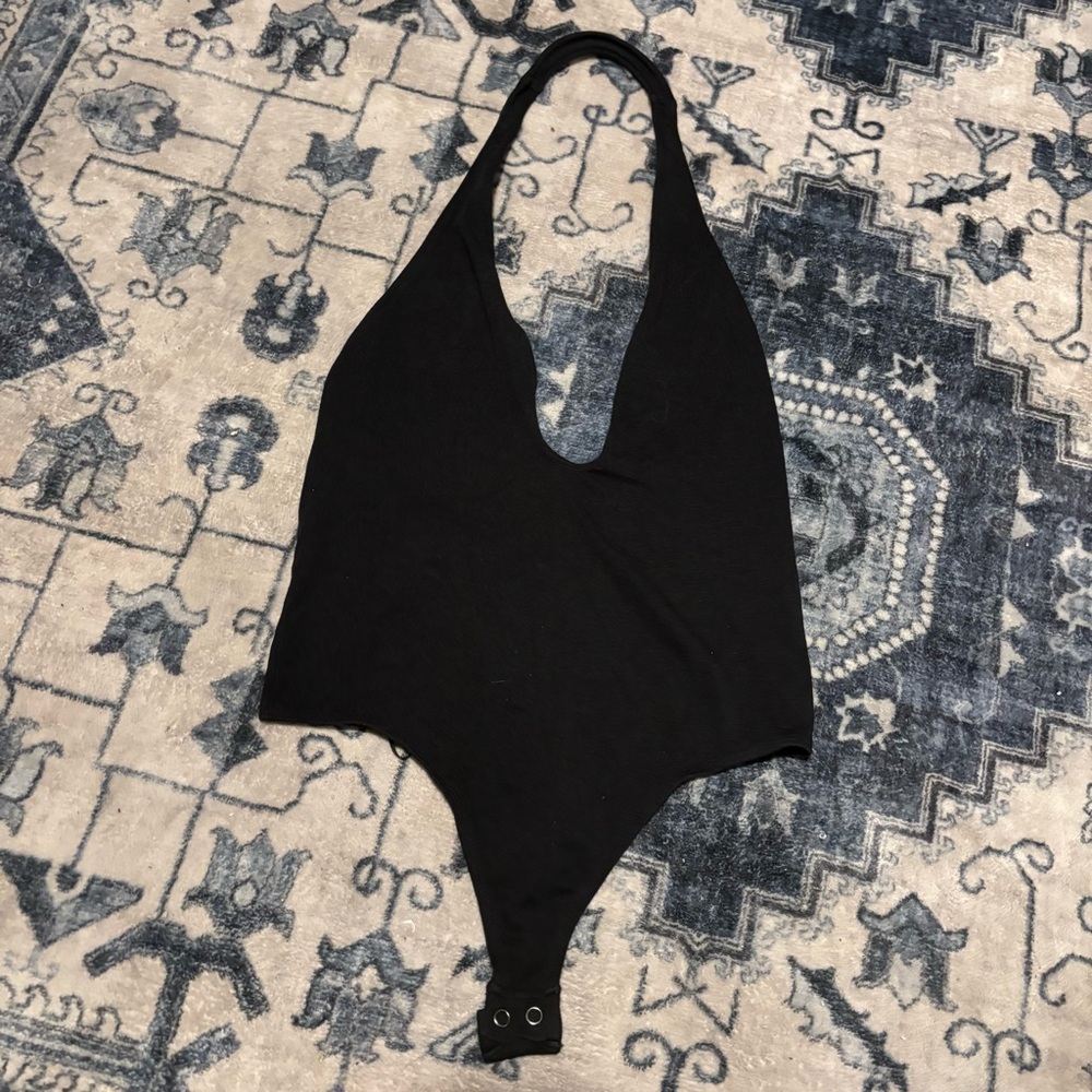 EXPRESS PLUNGE NECKLINE BLACK HALTER TOP THONG BODYSUIT